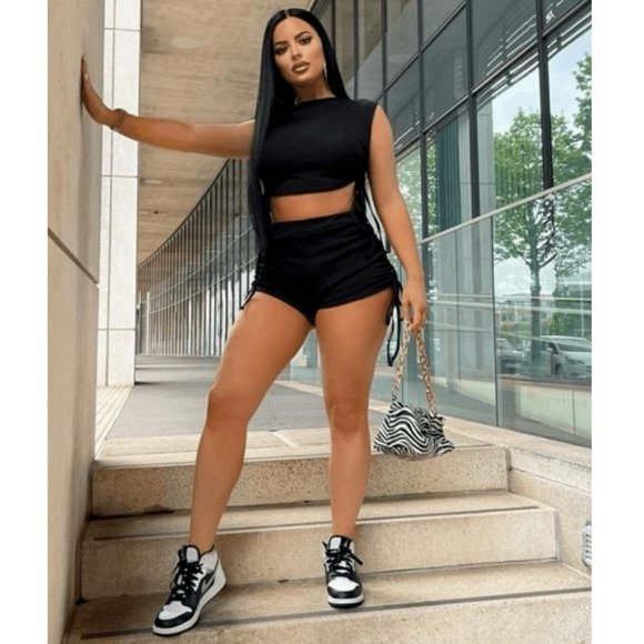 Black Sleeveless Ruched Crop Top and High Waist Shorts Two Piece Set - Picture 2 of 11